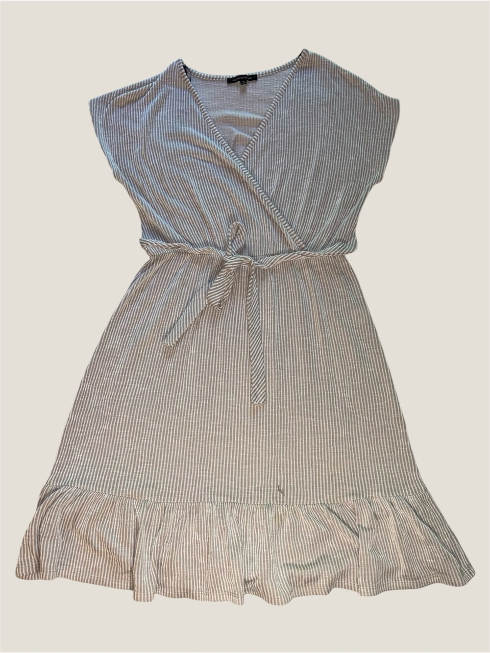 X Caution To The Wind Beige and White Striped Wrap Midi Dress - 1 callout